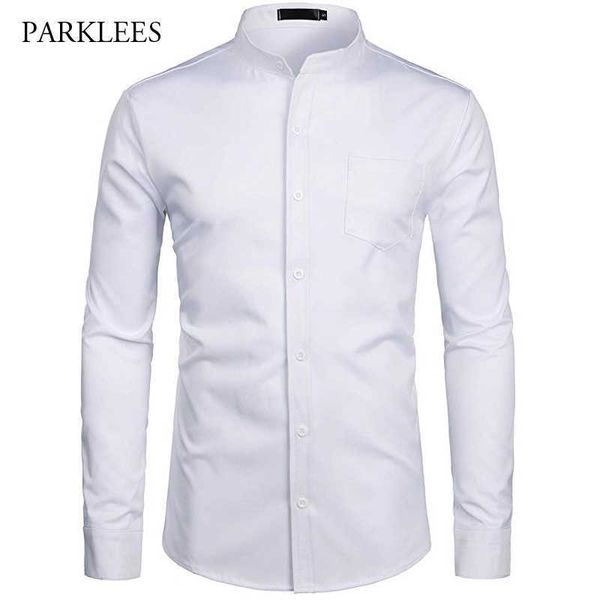 Chemise blanche hommes affaires couleur unie poche décontractée coupe ajustée robe de bal de mariage à manches longues Camisas Hombre 210721
