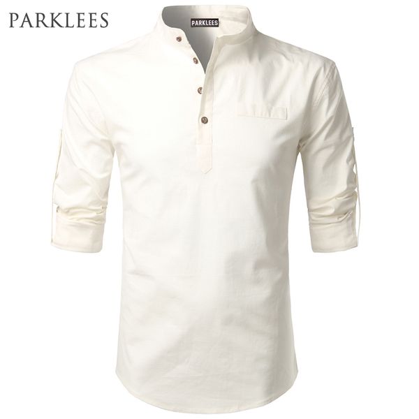 Chemise blanche hommes retroussés manches hommes chemises habillées coupe ajustée coton lin homme chemise décontracté Henley chemise Camisa Masculina C1210