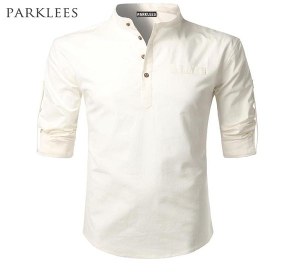 Camisa blanca para hombre, camisas de vestir de manga enrollada para hombre, Camisa ajustada de algodón y lino para hombre, Camisa informal Henley, Camisa Masculina 2103253476233