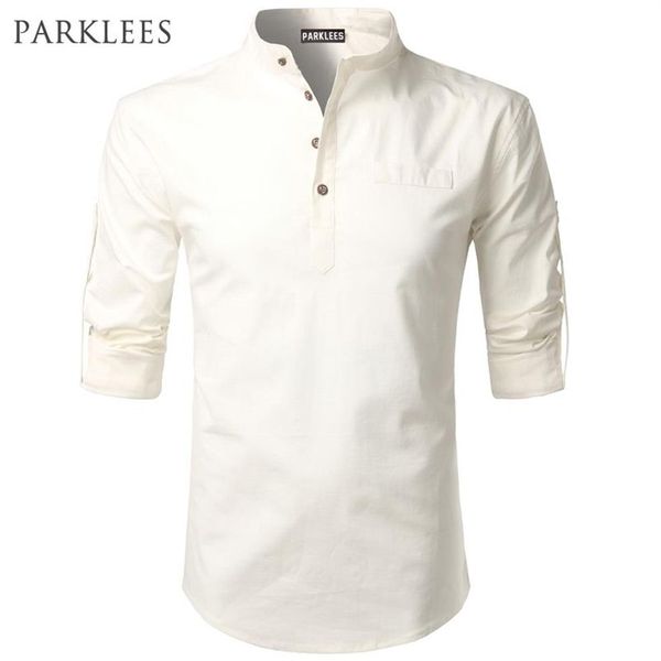 Chemise blanche hommes retroussés manches hommes chemises habillées coupe ajustée coton lin homme chemise décontracté Henley chemise Camisa Masculina 210325291F