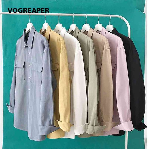 Chemises blanches hommes automne mode coréenne 100% coton à manches longues décontracté chemise noire poches poitrine s robe 210809