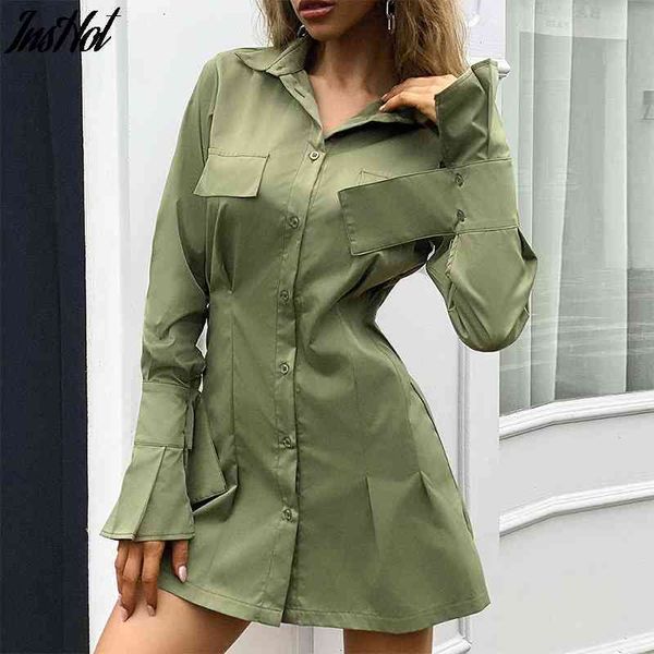 Blanc court une ligne robe femmes bureau dame robe solide tunique chemise robe femme poche coton robes automne vert robe 210514