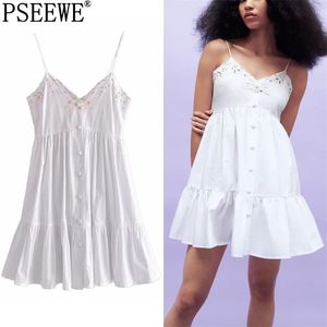 Vestido Corto Blanco Mujer Bordado Floral Slip Mini Verano Mujer Cutwork Ruched Ruffle Beach Sexy es 210519