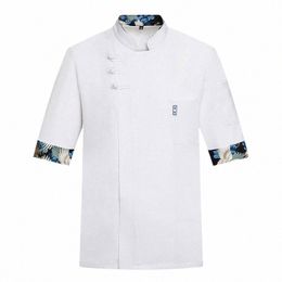 Blanc à manches courtes Chef Veste Boulangerie Travail Vêtement Hôtel Cook Uniforme Restaurant Cuisine Salopette Cook Chemise Imprimé Broderie F2Hp #