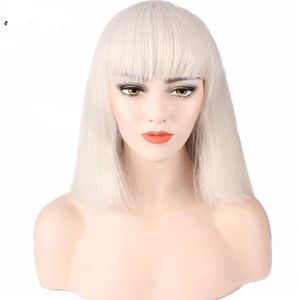 Blanc Short Straight Lady Sexy Sexy Natural Fluffy Role Player Wig Synthetic Bob Coiffes courtes idéales pour la fête de travail quotidienne Cosplay