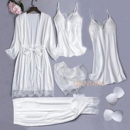 Pyjamas de soie blanche Set Femmes 5pcs Bride Wedding Robe Nightgown Sexy Lace Chemise Sleepwear Kimono Batchrobe Verbe Lingerie 240402