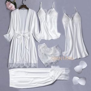 Conjunto de pijamas de seda blanca para mujer, 5 uds., bata de novia para boda, camisón de encaje Sexy, ropa de dormir, bata de baño tipo kimono, lencería 240117