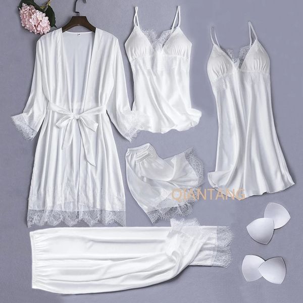 Conjunto de pijamas de seda blanca para mujer, 5 uds., bata de novia para boda, camisón de encaje Sexy, ropa de dormir, bata de baño tipo kimono, lencería 240118