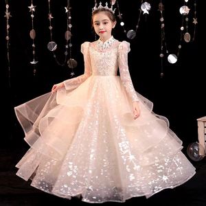 Blanc Simple Lovely Flower Girls Robes Jewel Long Maneves avec applique arrière Zipper Birthday Faire Forme Forme Pageant Robes pour enfants 403