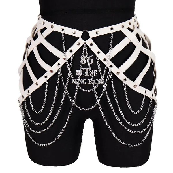 Jupe blanche en cuir harnais chaîne en métal ceinture Punk Goth Sexy Lingerie robe évider jarretelle corps Harajuku Dance Rave 240110