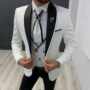 Wit Slim fit bruiloft smoking tuxedo voor groomsmen 3 stuk mannen pakken met zwarte broek man mode set jas vest vriendje pak x0909