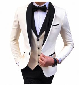 Witte Spleet Heren Pakken 3 Stuk Zwarte Sjaal Revers Casual Bruidegom Smoking Voor Bruiloft Bruidsjonkers Pakken Mannen 2021 Blazer + vest + Broek H2LF #