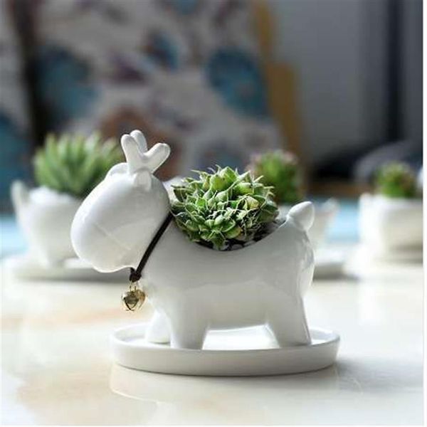 Blanc Small Elk Planter Garden Christmas Flowerpot Shape Cerramic Succulent Plantes Succulent Pots pour la fleur sans être Base273i