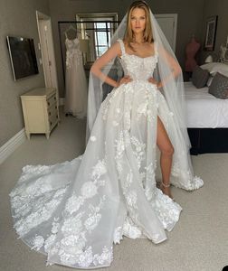 Robe de mariée blanche scintillante, bretelles Spaghetti, dentelle, Tulle, fleurs 3D, paillettes, perles, longueur au sol, fente latérale haute, Robe de Mariage