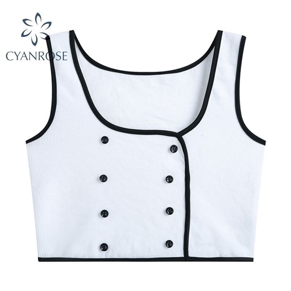 Col carré blanc Crop Tanks Tops Femmes Double Breasted Sexy Slim Camisole Lady Party Club Bar Streetwear Bodycon Elastic Vest 210515