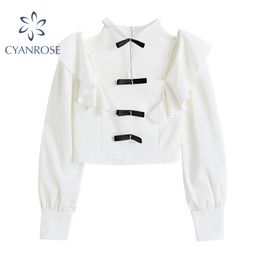 Cuello cuadrado blanco Blusas de cultivos sexy Mujeres Empalmado Bownot Ruffle Diseño Linterna Camisas de manga larga Mujer Elegante Rok Bar Tops 210417