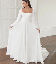 Vestido De Novia blanco con cuello cuadrado, vestido De Novia largo De gasa con mangas abullonadas, cola De corte, Vestidos De Novia bohemios 2024