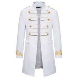 Blazer brodé à col montant blanc pour hommes, robe militaire, veste de costume de smoking, boîte de nuit, scène Cosplay Masculino 210904216v