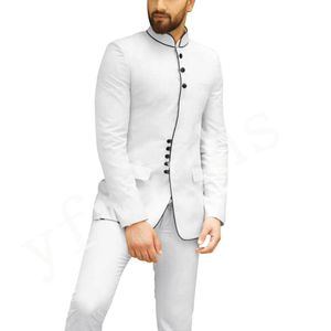 White Stand Collar Serge Groom Tuxedos Fashion Long Groomsmen Wedding Tuxedos Hombres Formal Blazer Prom Jacket Suit (Chaqueta + Pantalones + Corbata) 337