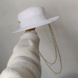 Chapeau de paille blanc, chaîne de perles, bricolage, dessus plat, ruban élastique coréen, couleur bonbon de plage, 240309