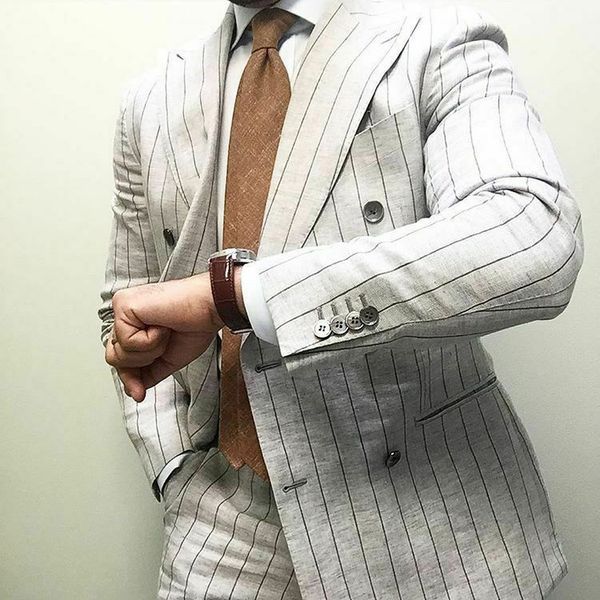 Blanc Stripe Linen Wedding Tuxedos Summer Beach Mens Suits Formal Best Man 2 Pieces Prom Party Blazer