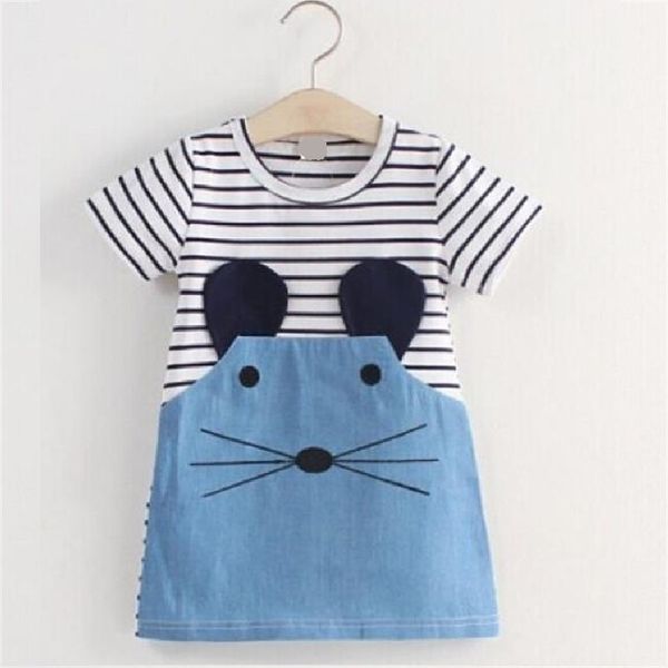 Blanc Stripe Mouse Filles Vêtements Robe Enfants Jean Denim Robes Fille Pulls Blouse Enfants Vêtements Outfit D'été Survêtement 210413