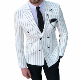 Costumes pour hommes à rayures blanches avec double boutonnage Slim Fit mariage marié smoking 2 pièces mâle Fi style décontracté veste pantalon noir r6Vb #