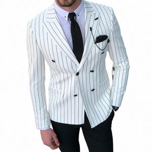 Trajes para hombre a rayas blancas con doble botonadura Slim Fit Novio de boda Esmoquin 2 piezas Hombre Fi Chaqueta de estilo casual Pantalones negros r6Vb #