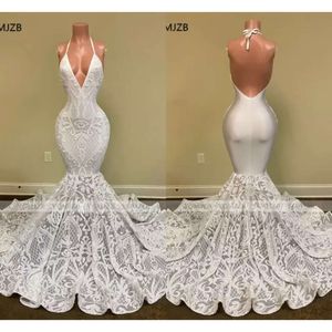 Sirène de style blanc robes de bal long licou sexy sans sequins scintillantes africain fille noire de fête formelle soirée de soirée BC