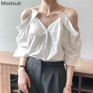 Witte stijlvolle schouder open shirt tops vrouwen korte mouw single-breasted sexy blouses streetwear mode dames blusas 210513