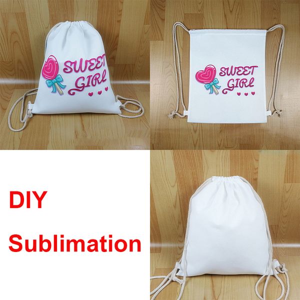 Blanc Sublimation sac à dos toile cordon sacs bonbons cadeau sac de rangement fournitures de fête de noël blanc bricolage cadeaux