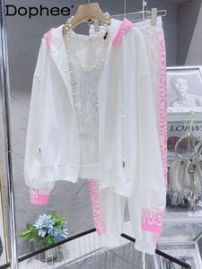 Costume blanc femmes survêtement en vrac mode coréenne rose diamant sweat-shirt cardigan à fermeture éclair manteau veste pantalons décontractés ensembles deux pièces 240118