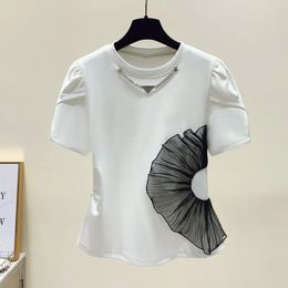 T-shirt d'été blanc tops tshirt blancs femmes vêtements coréens à manches courtes paillettes violettes décontractées