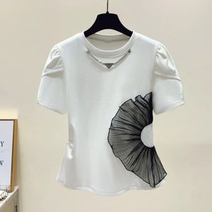 Wit zomer t -shirt vrouwen tops witte t -shirt dames Koreaanse kleding korte mouw casual paarse pailletten ruche tee shirt femme 240420