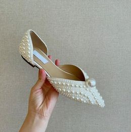 Blanc doux plat femmes mode bout pointu sans lacet perles chaussures simples chaussures plates pour femme