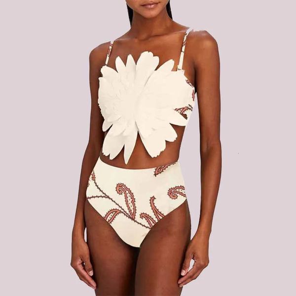 Maillot de bain blanc décoré de fleurs en trois dimensions, deux pièces, taille haute, imprimé, dos nu, sexy, bikini, mode, push-up, vêtements de plage, 240105