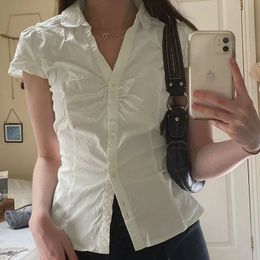 White Tie Up T-shirt Y2K Femmes Souchée courte Butt Collar bouton Crop top vintage harajuku coréen Tee Summer Casual 240506