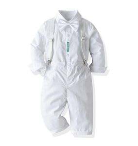 Costume blanc pour garçons en bas âge, vêtements pour hommes, robe de baptême, chemise, pantalon à bretelles, solide, fête de mariage, beaux vêtements pour enfants 2108232400573