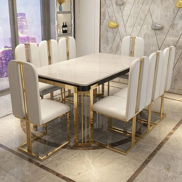 Table à manger et chaise en pierre de marbre, couronne supérieure blanche, esthétique, luxe, combinaison, meubles de Patio minimalistes pour 6 personnes, FGM 31