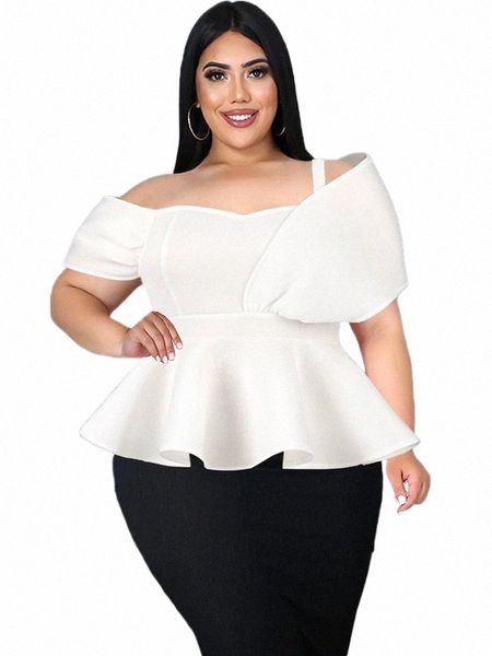 Tops blancos Tallas grandes 4XL Fuera del hombro Correa de espagueti Blusas peplum de cintura alta para damas Camisas de cóctel de noche b6P1 #