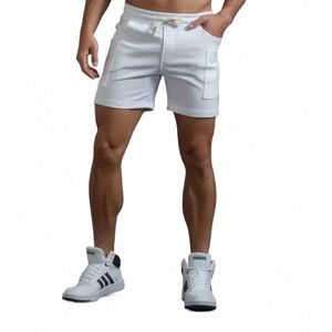 Witte trainingsshorts Heren Training Elastische taille Knielengte Zweetshorts Joggers Heren Zomertraining Fitn Gymshorts met zak a0QB #