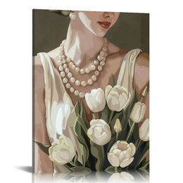 TULIPS WHITE TOLVAS Mur Art Rose - Floral Femme and White Tulips Painting - Nature Images Simple Pith