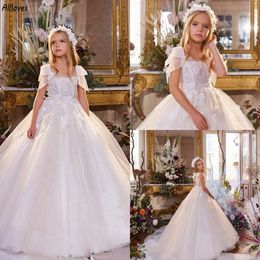 Witte tule prinses bloemenmeisjes jurken bloemen kanten appliques bruiloft formele gelegenheid kleine meisje's jurken lange gezwollen peuter first communion pageant optocht jurk cl2966