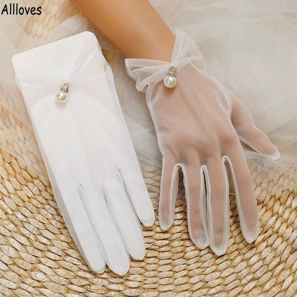Gants de mariée romantiques en tulle blanc, gaze translucide, doigts complets pour femme, pour fête de mariage avec perles, Protection solaire d'été, gant à doigts pour dames CL1358