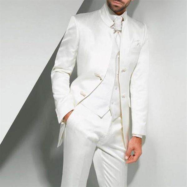 Túnica blanca, esmoquin de boda para el novio, ropa de estilo chino, dos botones, trajes de hombre hechos a medida, traje de padrino de tres piezas, chaqueta Pan224d