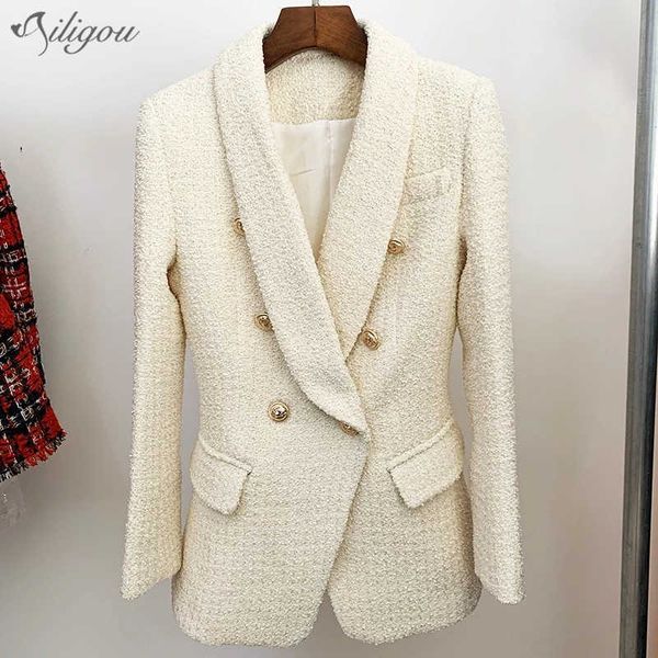 Blazer en tweed blanc femmes été décontracté col châle à double boutonnage épais long bureau blazers d'affaires vestes 210527