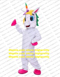 Witte eenhoorn regenboog pony vliegende paarden mascotte kostuum volwassen stripfiguur karakter outfit opening receptie beurs fair cx2053
