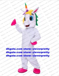 Witte eenhoorn regenboog pony vliegende paardenmascotte kostuum volwassen stripfiguur outfit pak beurzenshow fair image advertenties cx2053