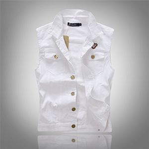 Chaleco blanco para hombre, chaquetas vaqueras, abrigos informales sin mangas, chaquetas de motociclista, prendas de vestir, Tops, ropa de moda