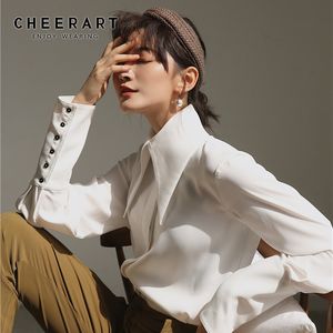 White Vintage Blouse Long Sleeve Button Down Big Collar Shirt Ladies High Fashion Blouses And Tops Fall Clothing 210427